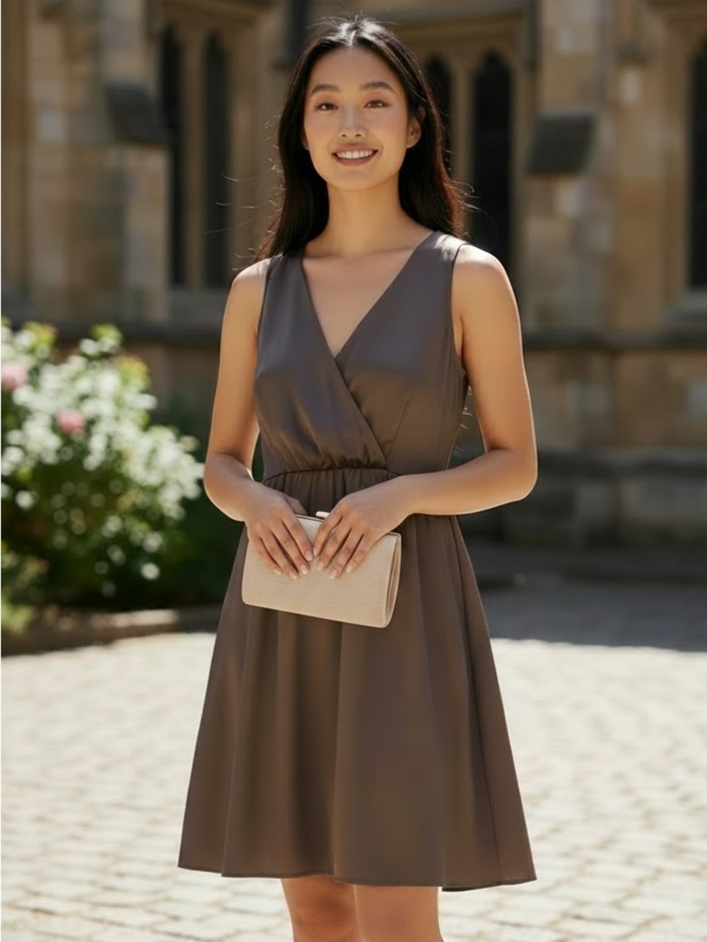 GAP Petite Brown Fit & Flare Sleeveless V-Neck Dress 8P Wedding Guest
